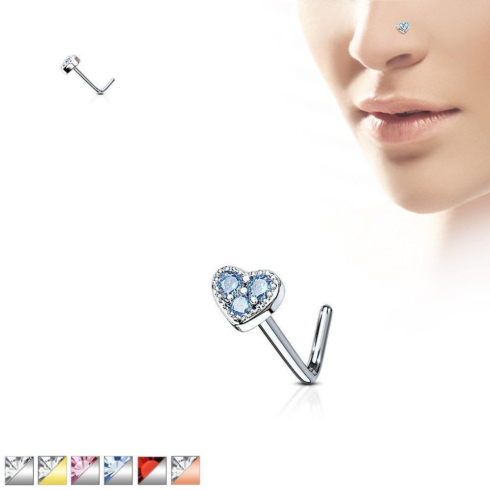Cz Paved Heart 316l Surgical Steel L Bend Nose Stud Rings